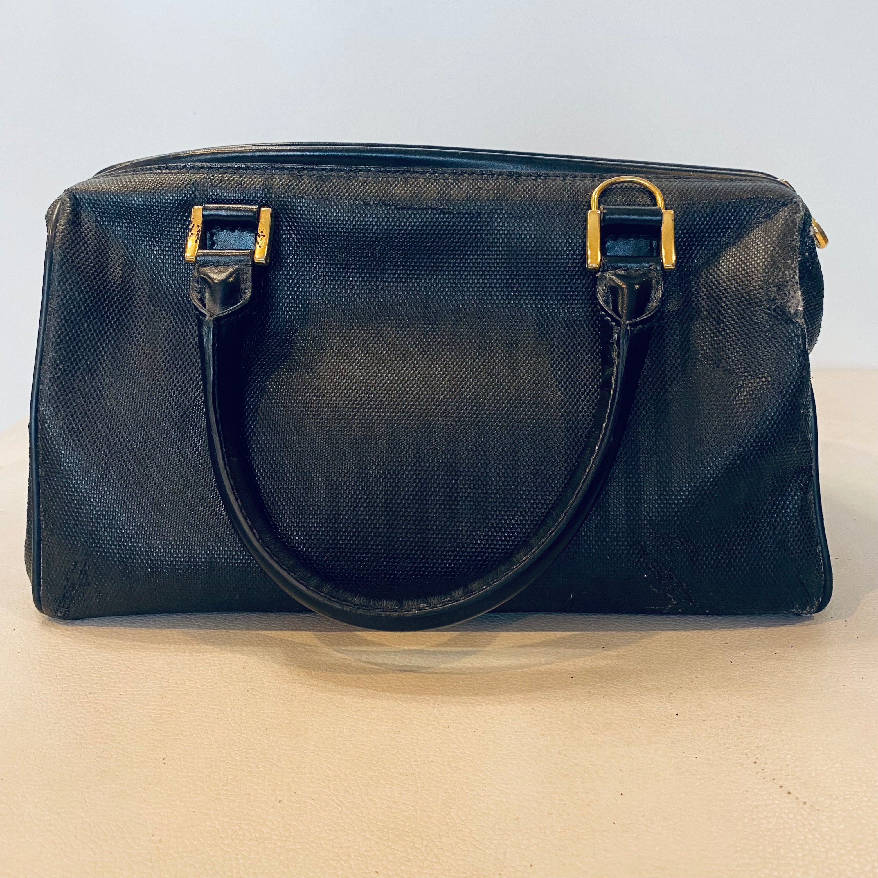 FENDI Vintage Black Striped Canvas Small Boston Handbag