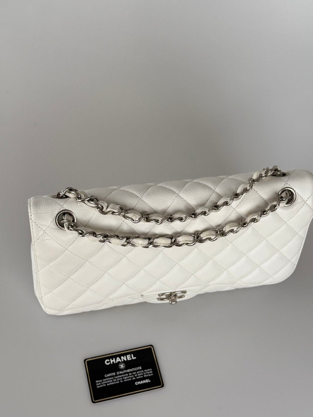 Chanel White Jumbo Classic Double Flap Bag in Caviar Leather with Silver Hardware