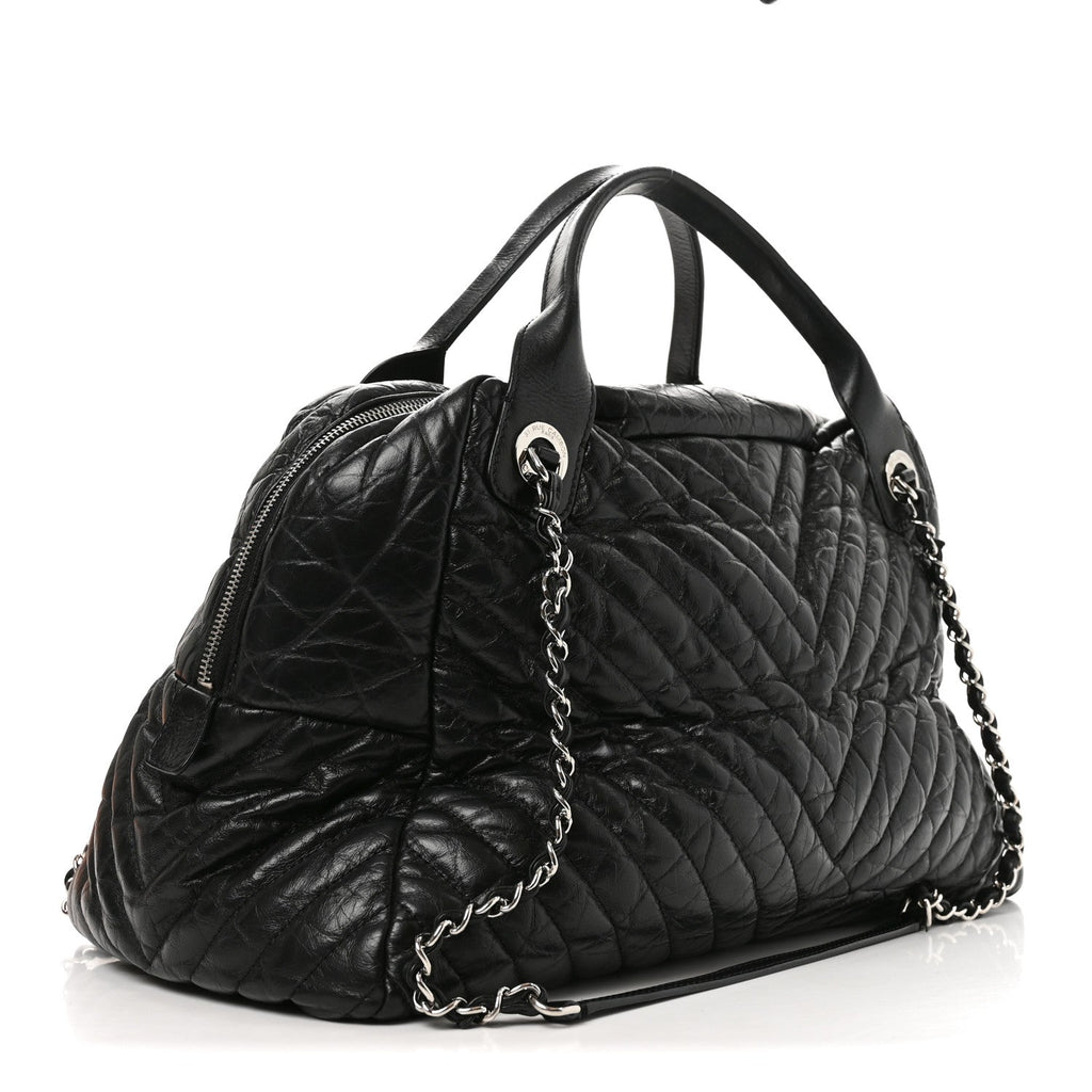 Aged Calfskin Chevron Large Soft Bowling Bag Black