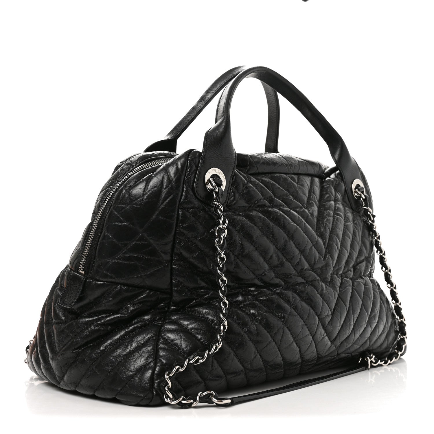 Aged Calfskin Chevron Large Soft Bowling Bag Black