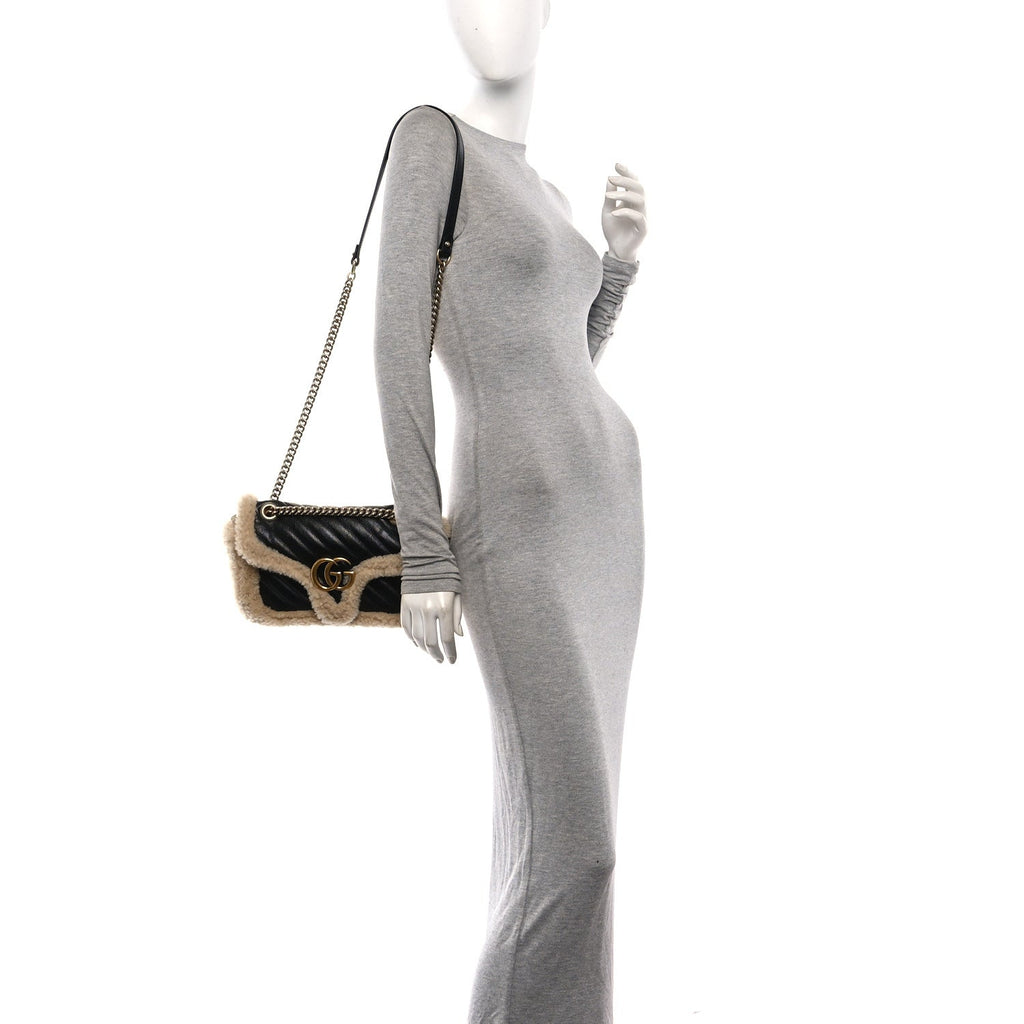 Azalea Calfskin Wool Matelasse Diagonal Small GG Marmont Shoulder Bag Black