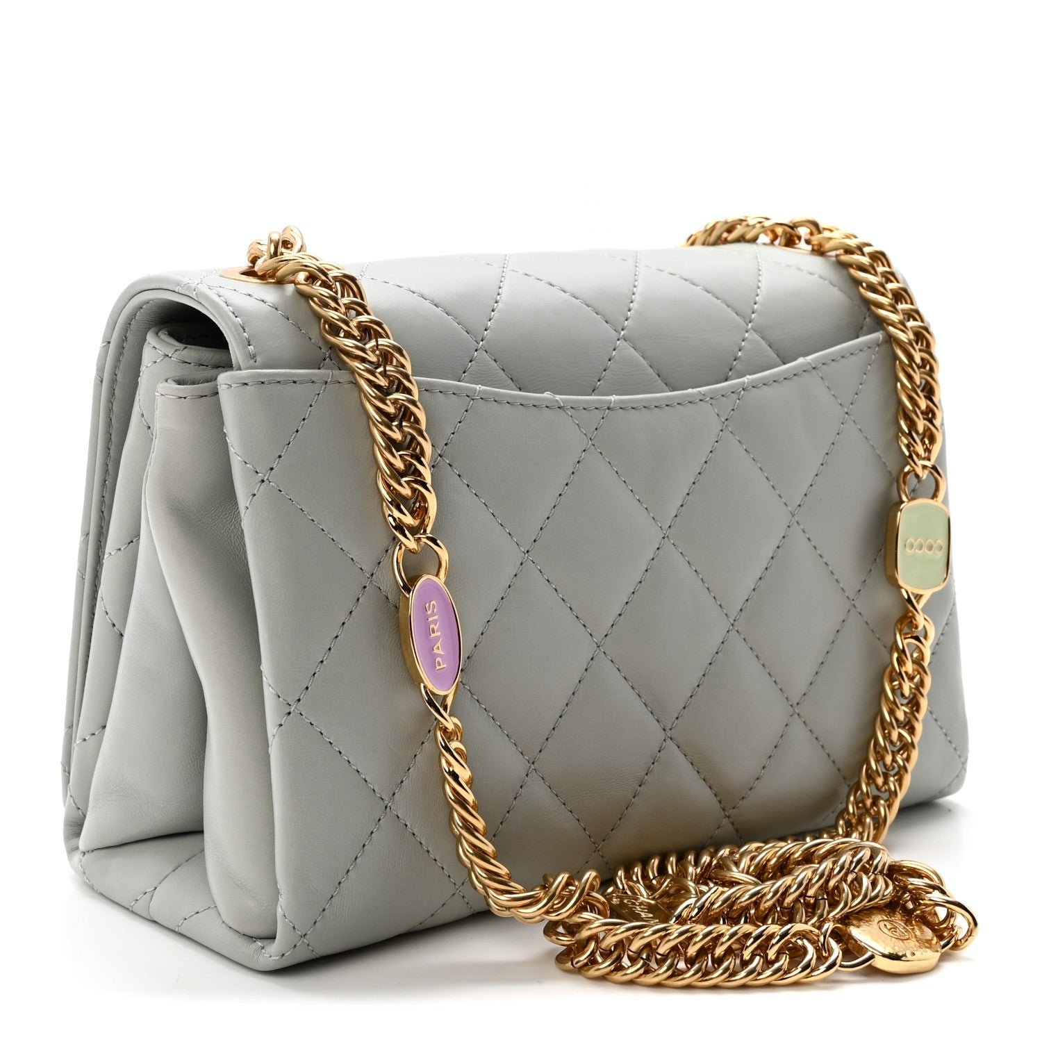Calfskin Quilted Enamel Chain Flap Grey