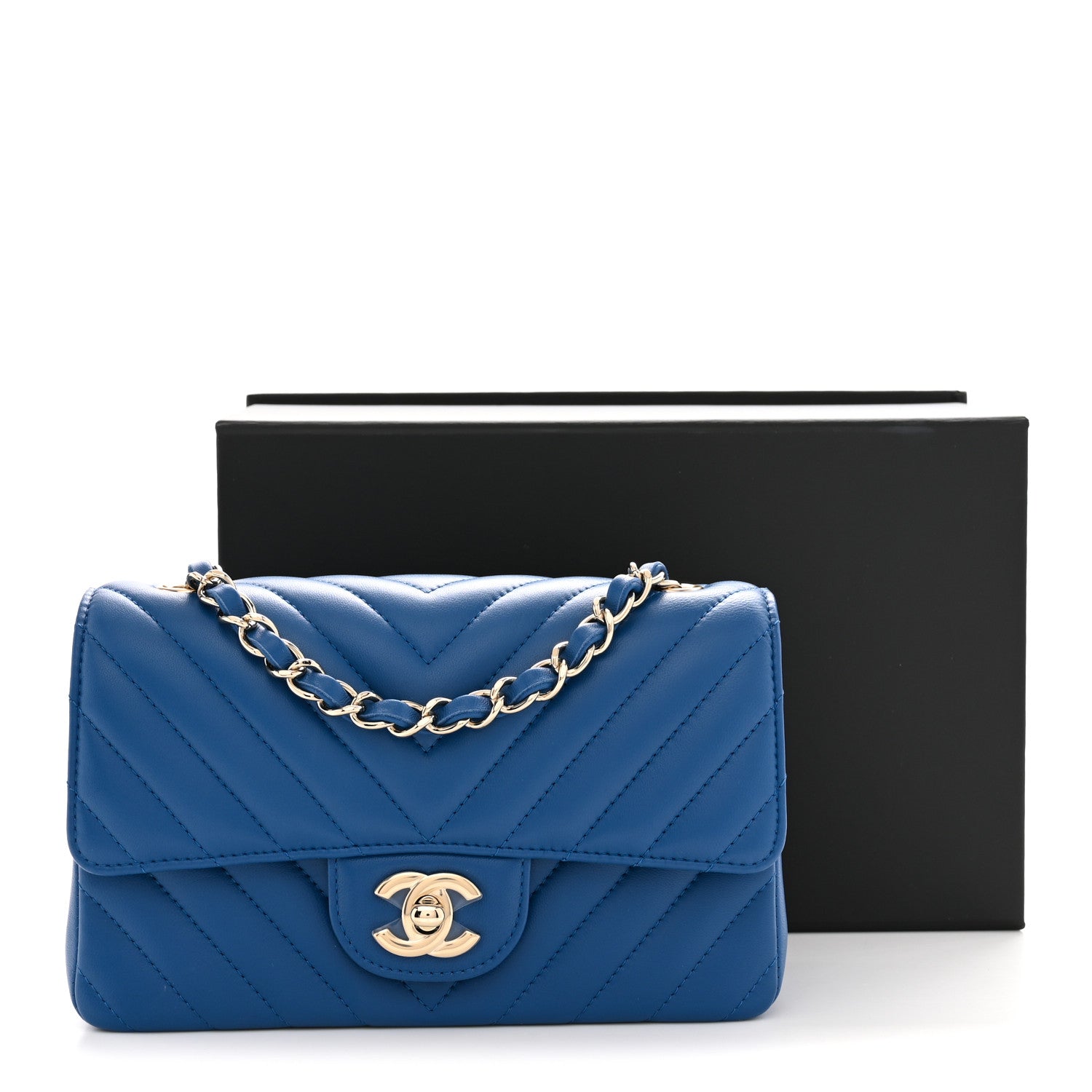 Lambskin Chevron Quilted Mini Rectangular Flap Dark Blue