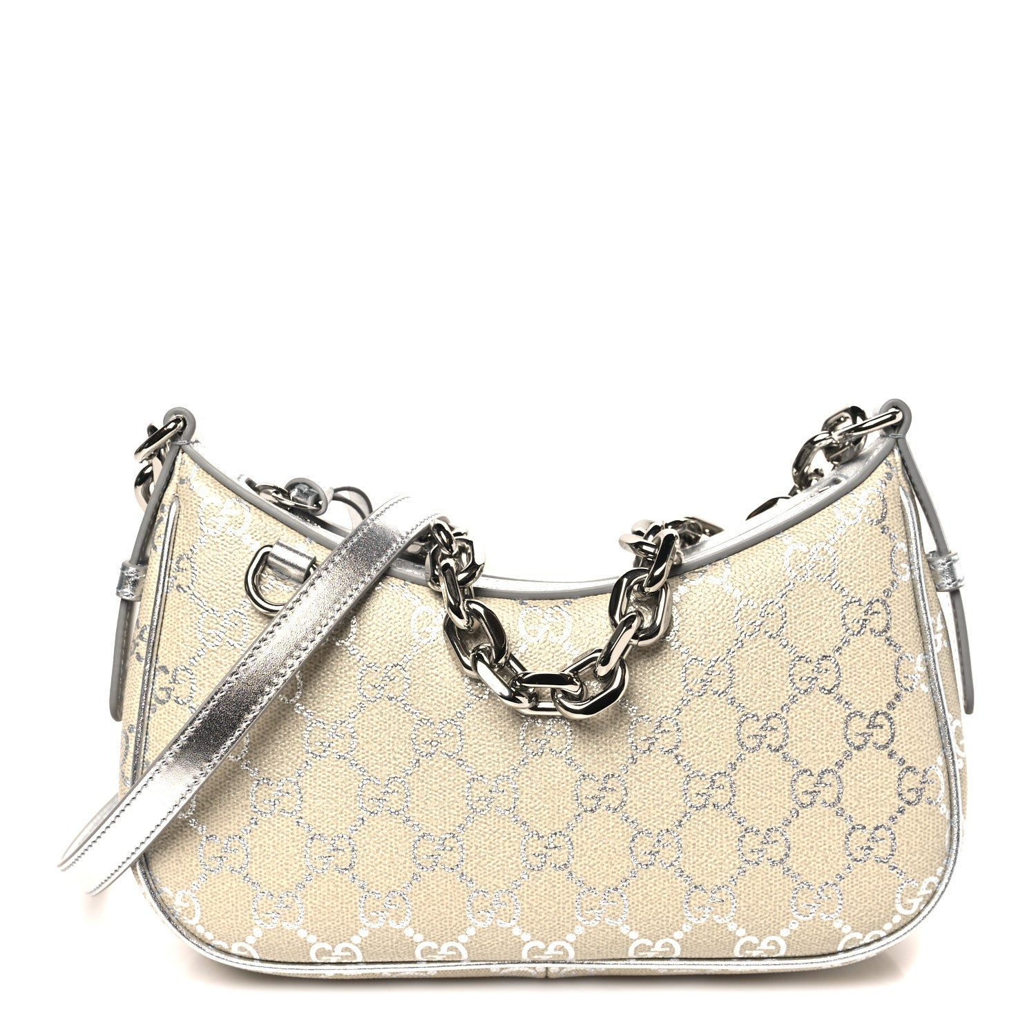 GG Supreme Monogram Metallic Calfskin Small Emblem Shoulder Bag Beige Silver