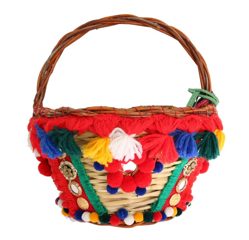 Dolce & Gabbana Multicolor AGNESE Straw Crystal  Pom Pom Women's Bag