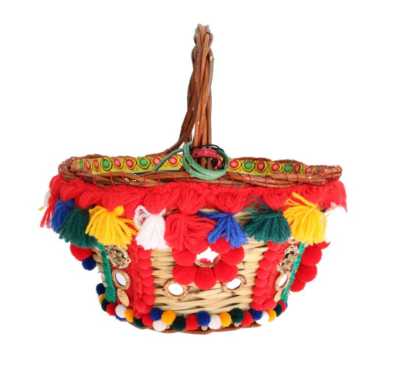 Dolce & Gabbana Multicolor AGNESE Straw Crystal  Pom Pom Women's Bag