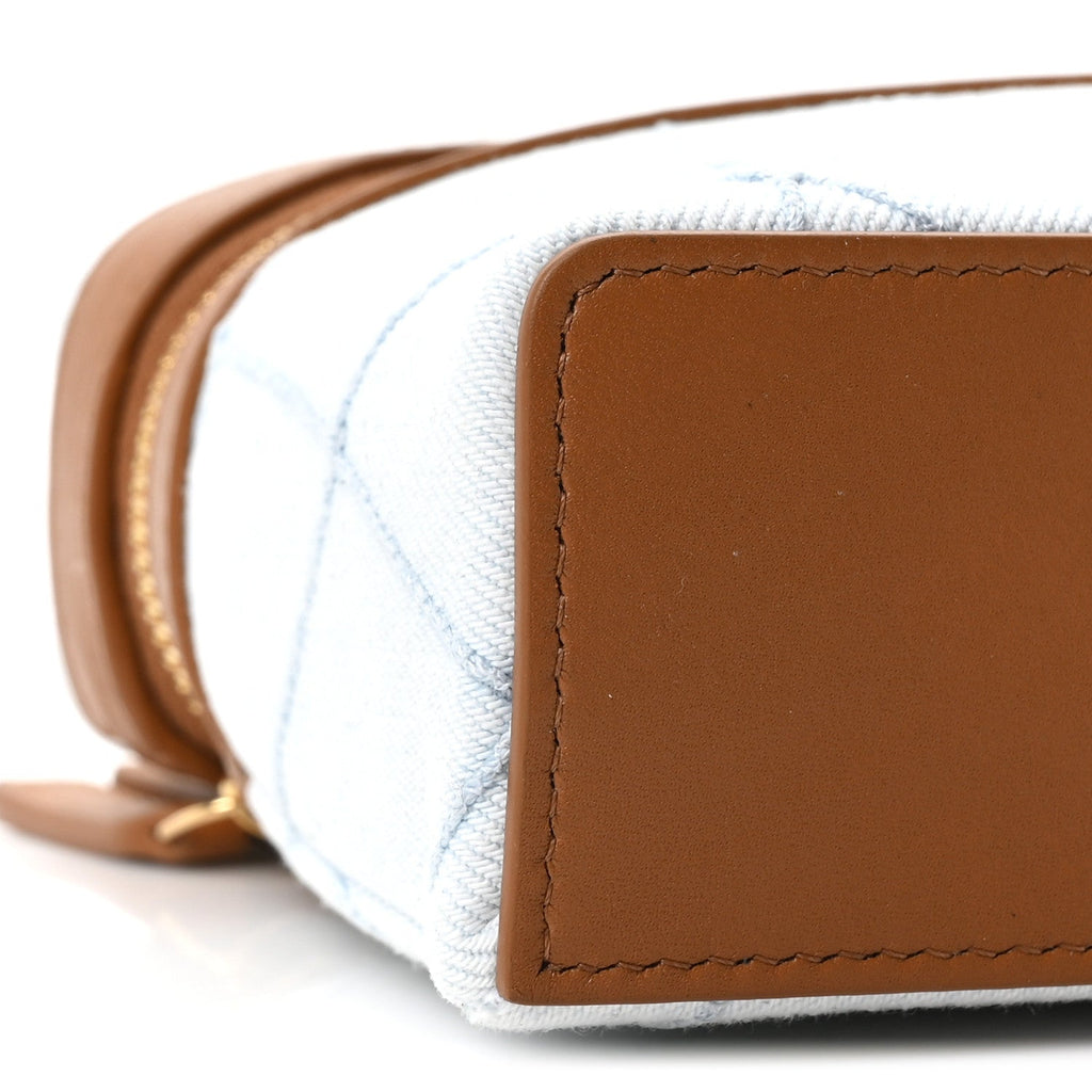 Washed Denim Calfskin Quilted Top Handle Slim Vanity Case With Chain Blue Brown