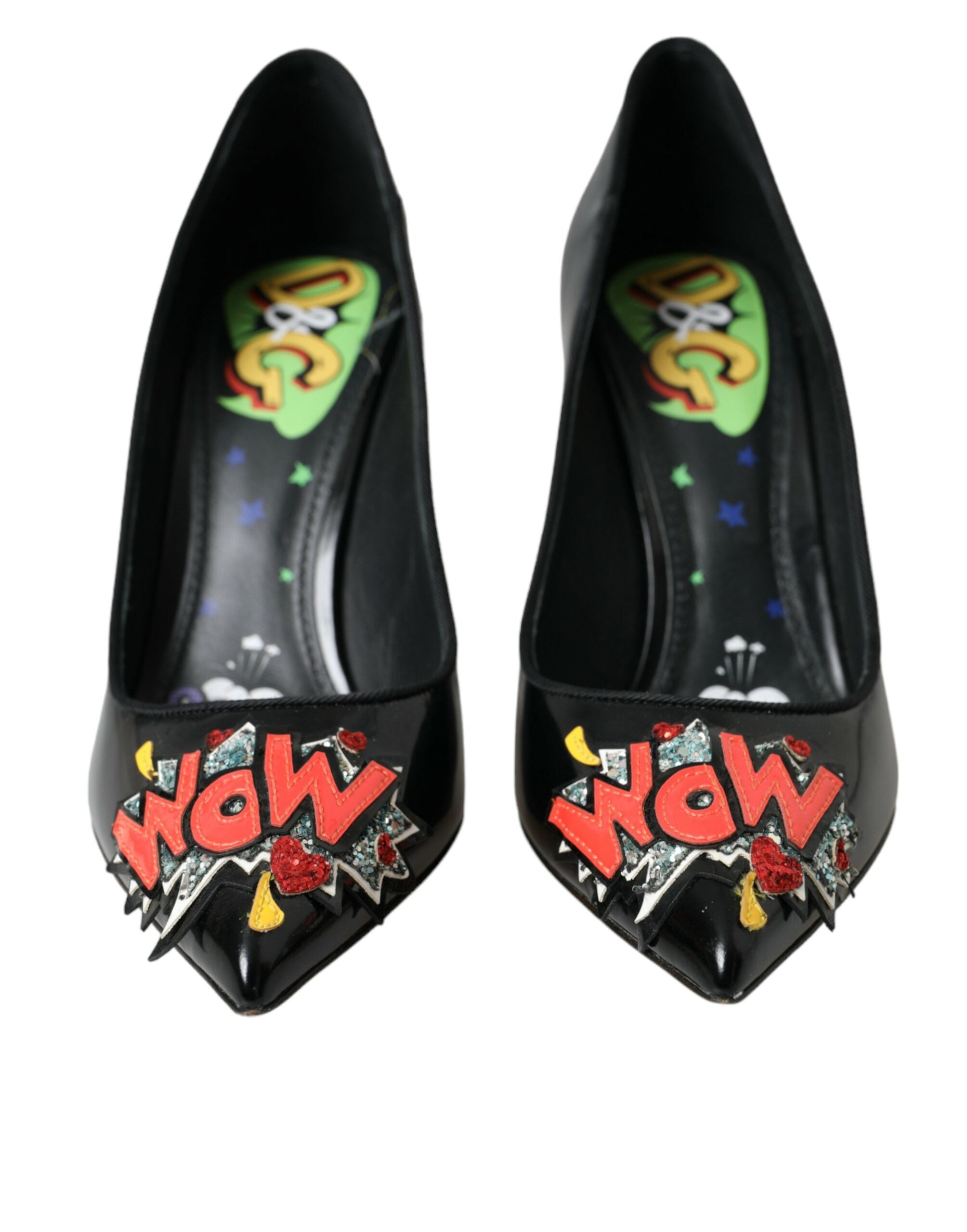 Dolce & Gabbana Black Leather WOW Patch Heels Pumps Women's Shoes