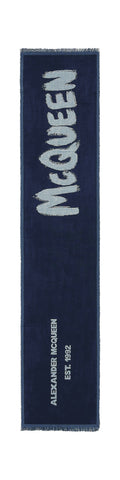 Alexander McQueen Oversized Graffiti Printed Frayed-Edge Scarf, Navy/Ivory