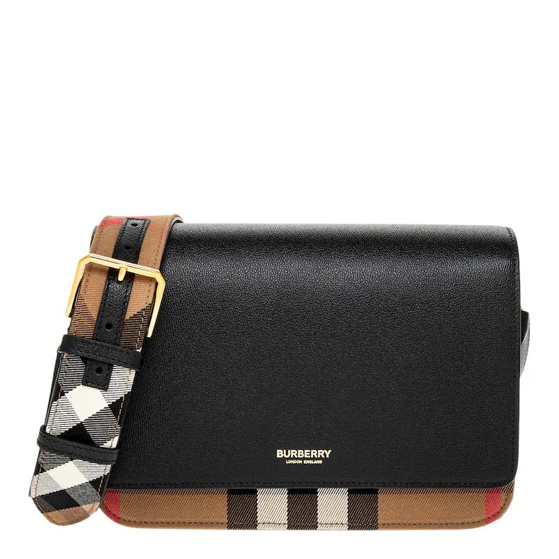 Burberry Women's Mackford Leather Flip Check Shoulder Bag, Black