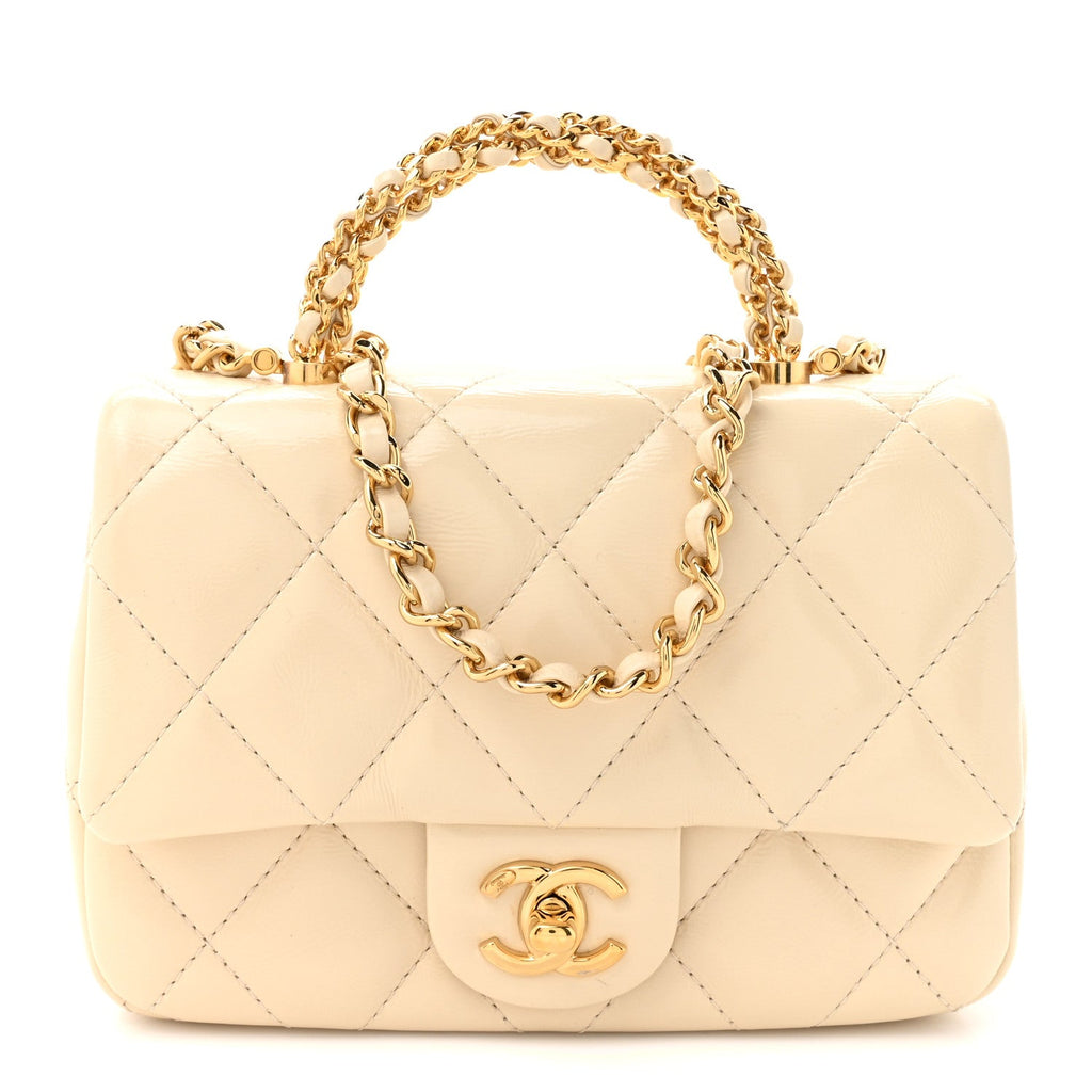 Shiny Lambskin Quilted Golden Links Top Handle Flap White