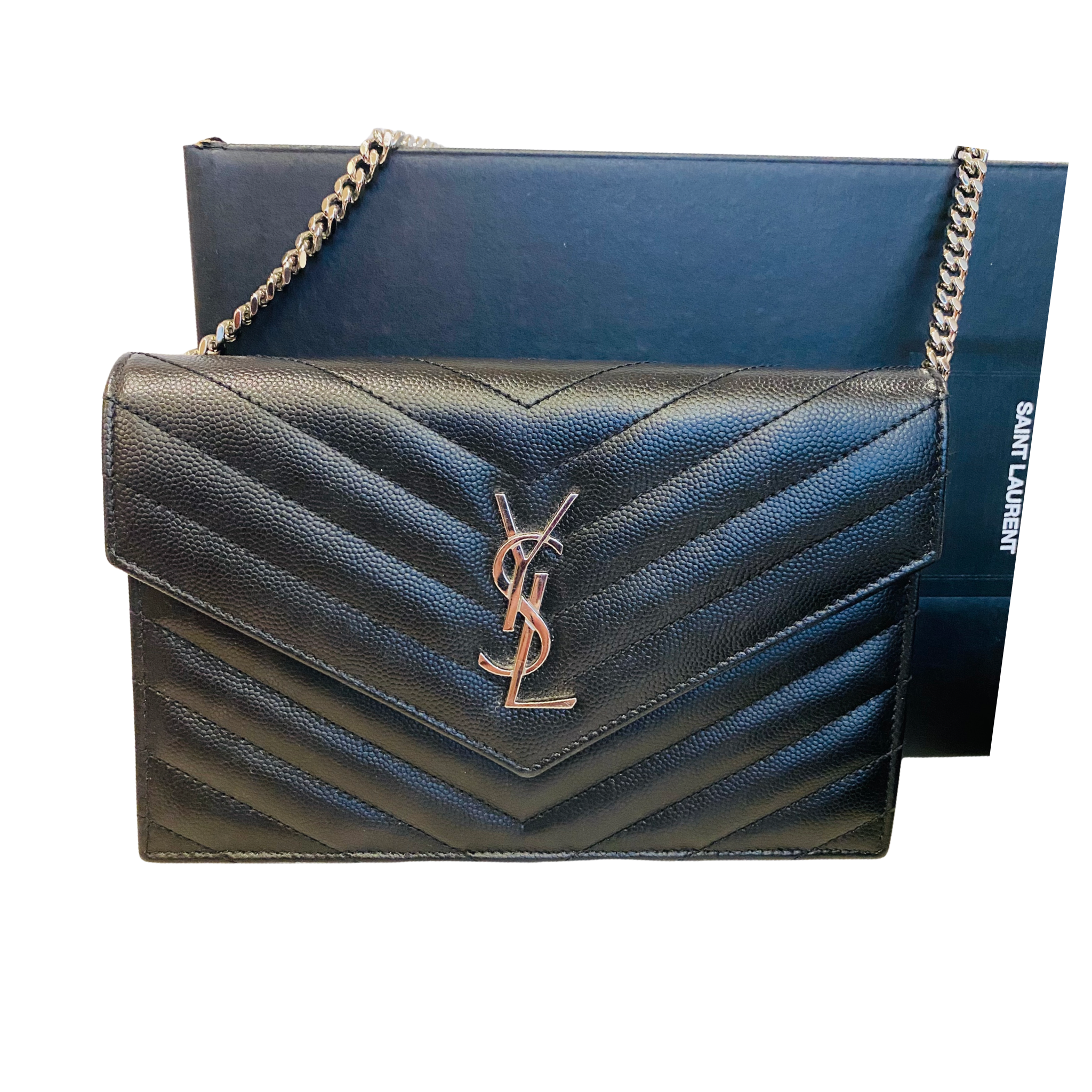 YSL Saint Laurent Monogramme Calfskin Leather Wallet on a Chain Handbag Black NWB