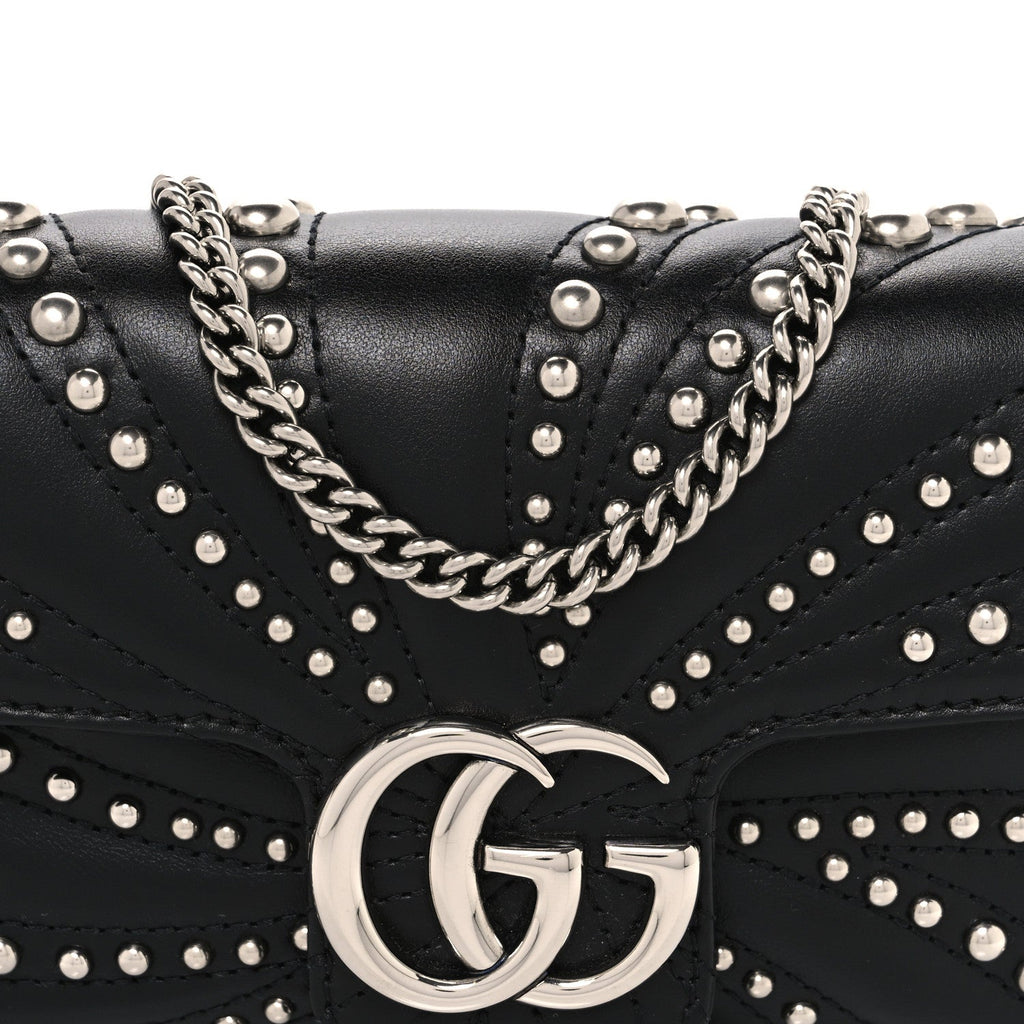 Calfskin Matelasse Studded Super Mini GG Marmont Shoulder Bag Black
