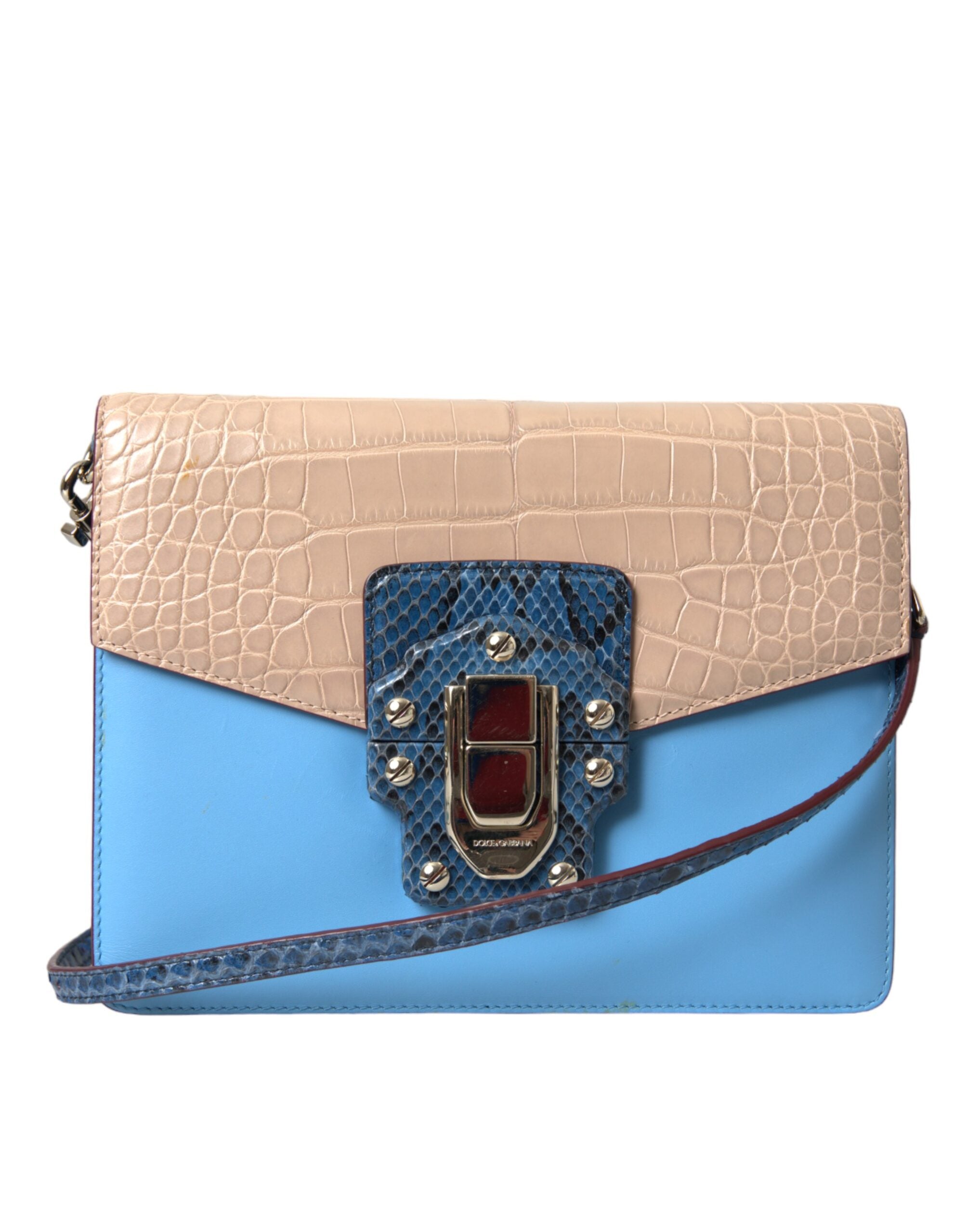 Dolce & Gabbana Blue Beige Exotic Leather LUCIA Crossbody Purse Women's Bag ( )