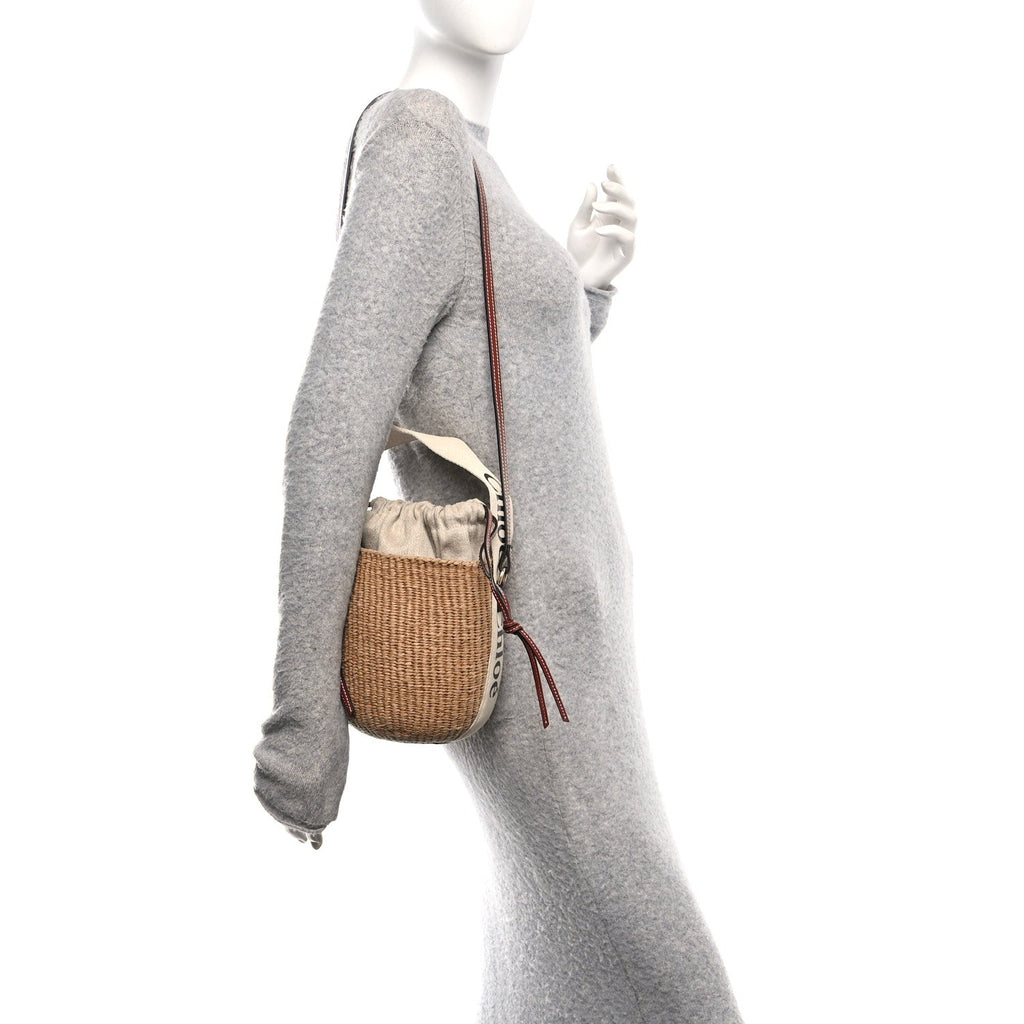 Raffia Calfskin Small Woody Basket Bag Brown