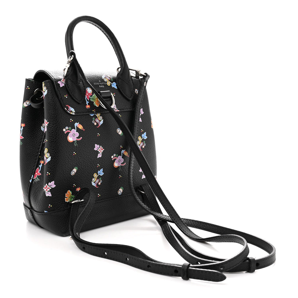 Calfskin Flower Lockme Mini Backpack Black Multicolor