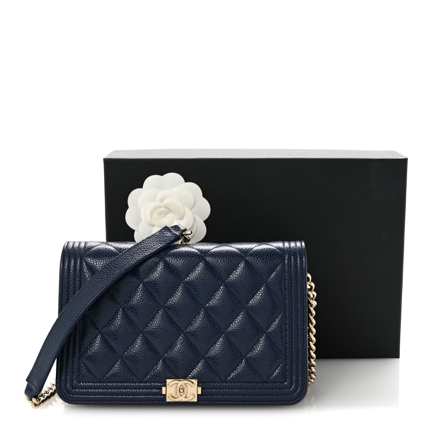 Caviar Quilted Boy Wallet On Chain WOC Navy