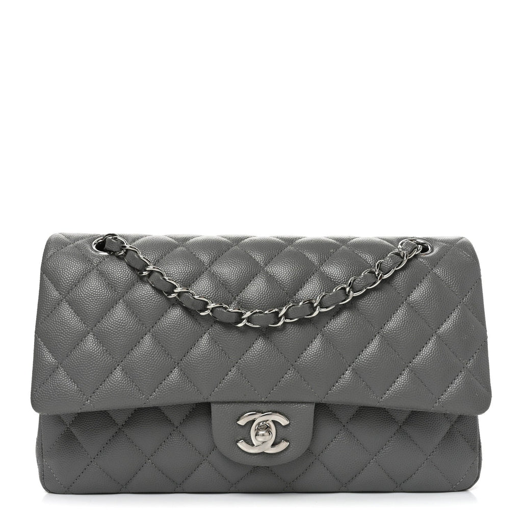 Caviar Quilted Medium Double Flap Grey