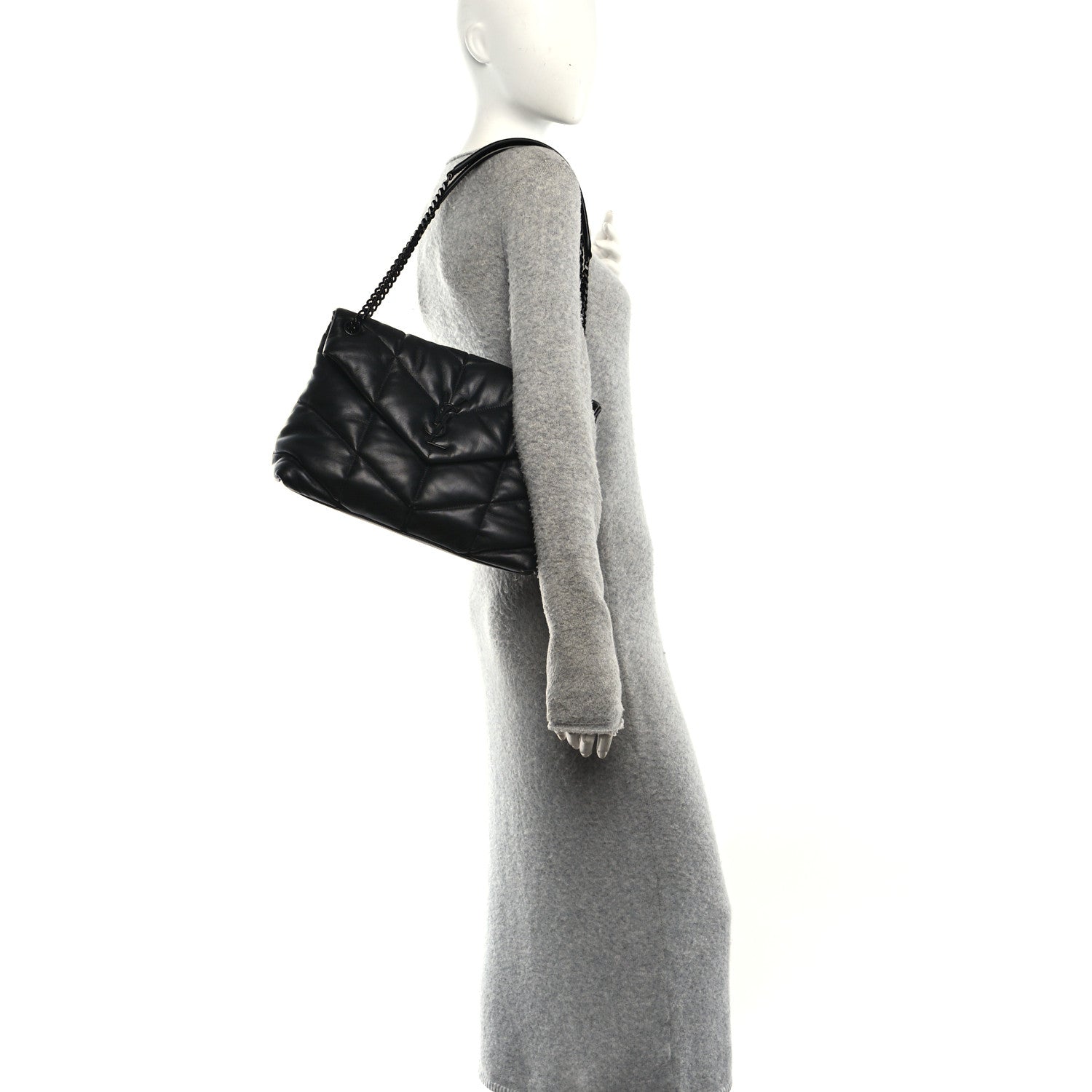 Lambskin Quilted Monogram Monochrome Medium Loulou Puffer Chain Satchel Black
