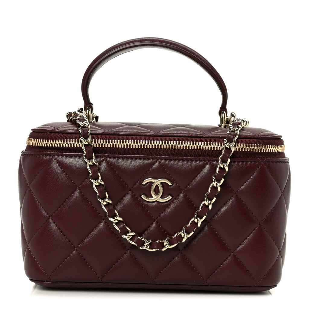 Lambskin Quilted Small Top Handle Vanity Case With Chain Burgundy Burgundy