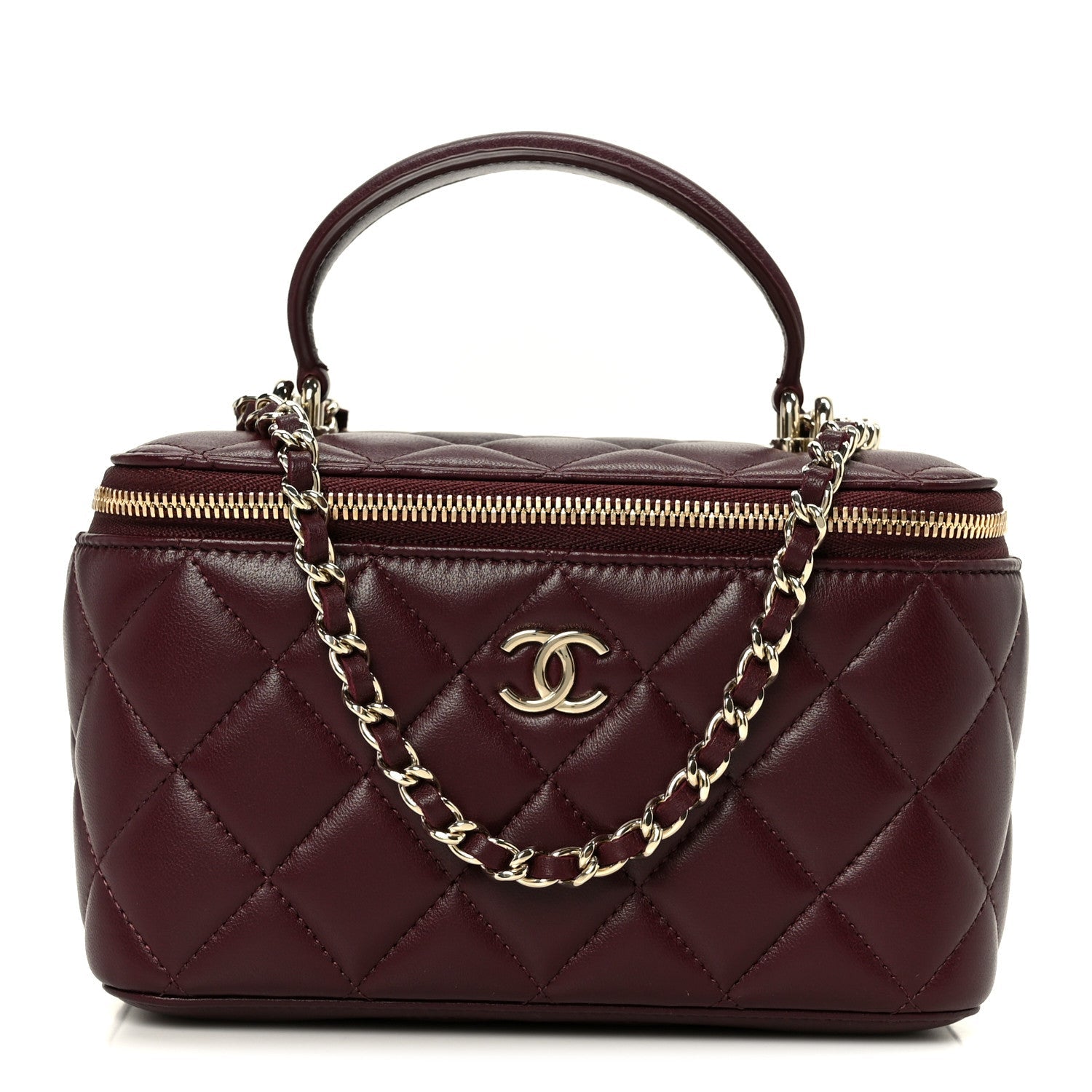 Lambskin Quilted Small Top Handle Vanity Case With Chain Burgundy Burgundy