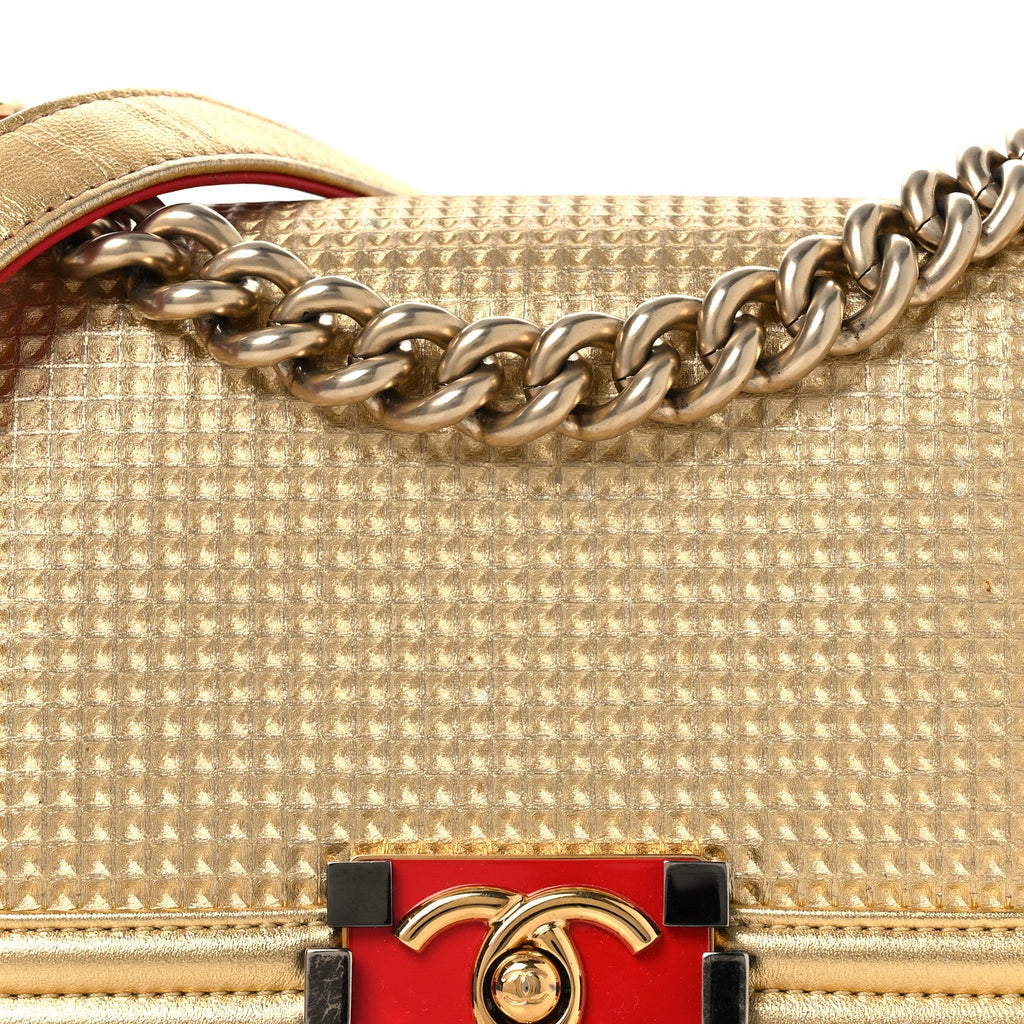 Metallic Lambskin Embossed Small Cube Boy Flap Gold