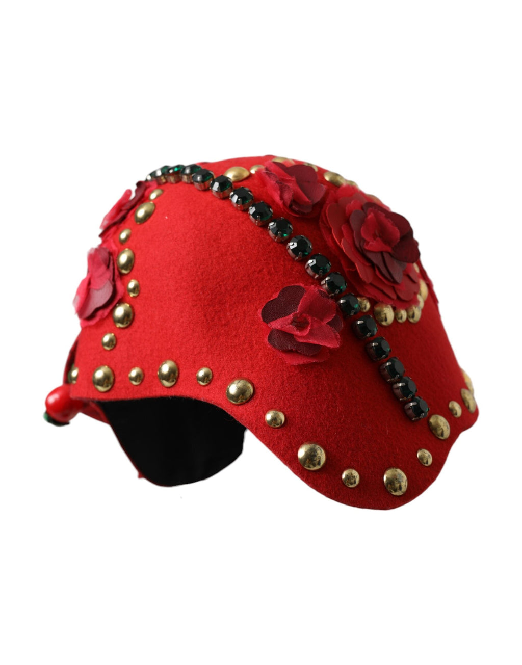 Dolce & Gabbana Red Crystal Gold Roses Brooch Embellished Women's Hat