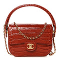 Calfskin Crocodile Embossed Turn Around Mini Flap Burgundy