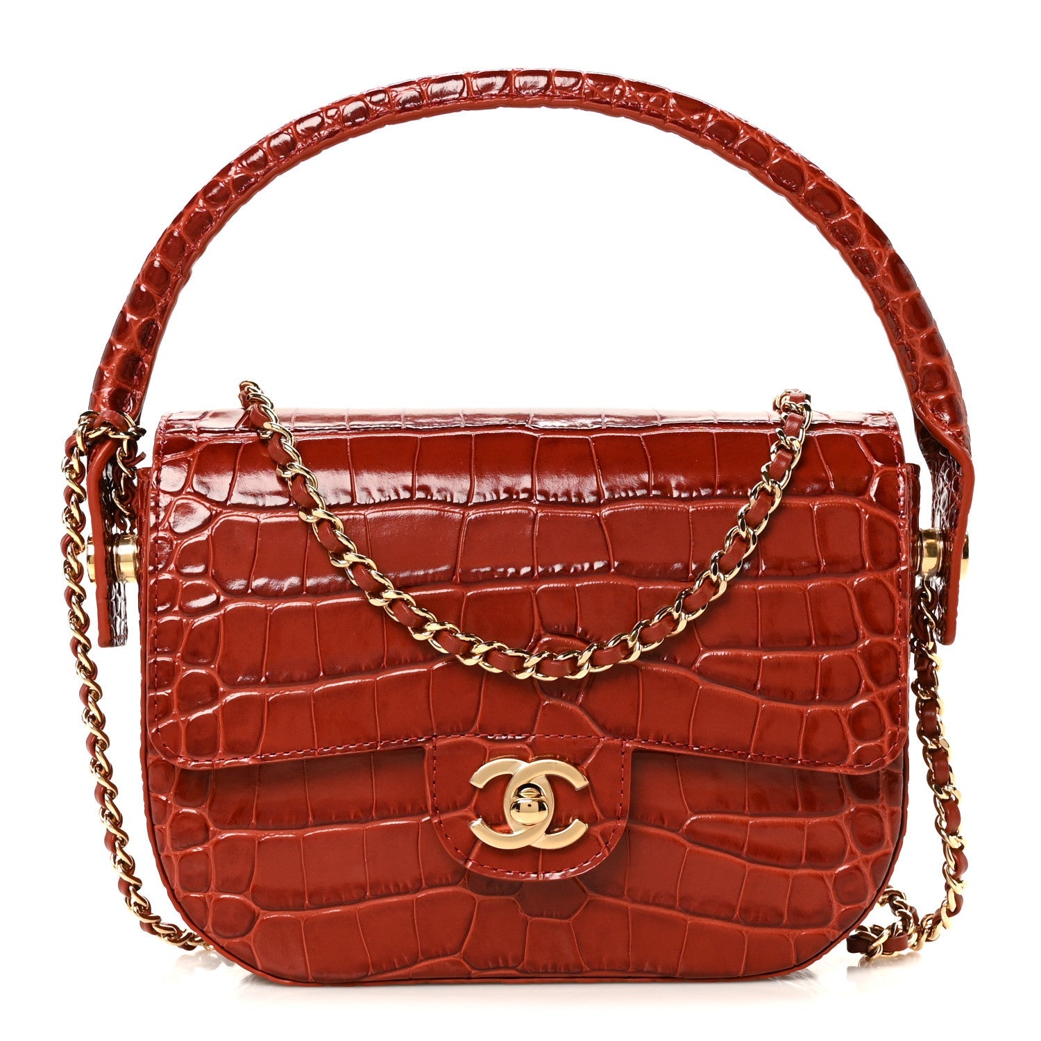 Calfskin Crocodile Embossed Turn Around Mini Flap Burgundy