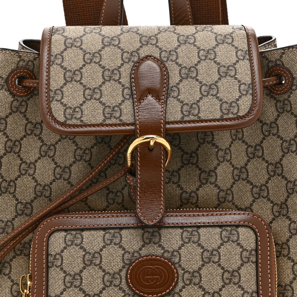 GG Supreme Monogram Azalea Calfskin Retro Interlocking G Buckle Backpack Beige Ebony Brown Sugar