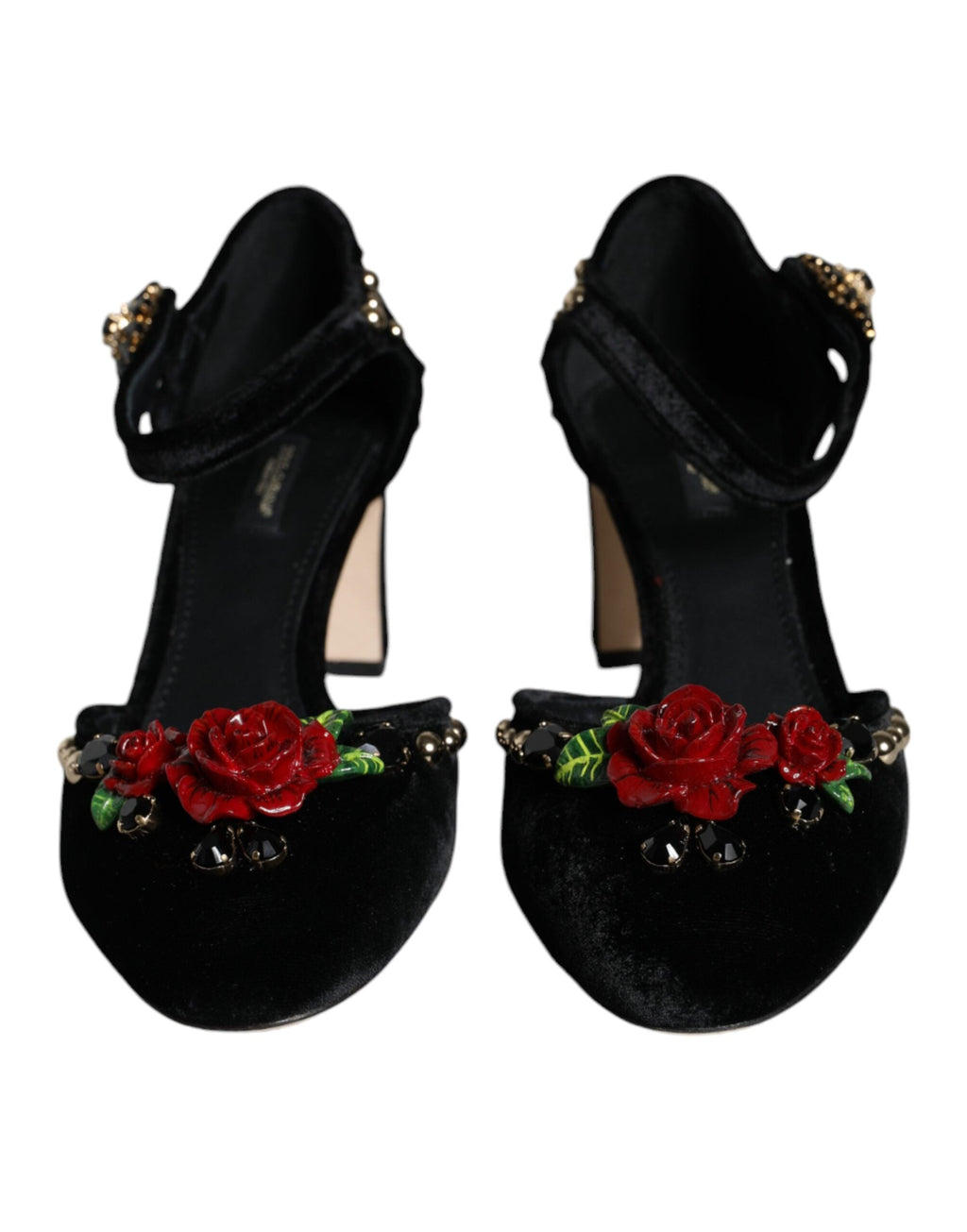 Dolce & Gabbana Black Velvet Roses Ankle Strap Pumps Women's Shoes