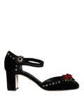 Dolce & Gabbana Black Velvet Roses Ankle Strap Pumps Women's Shoes