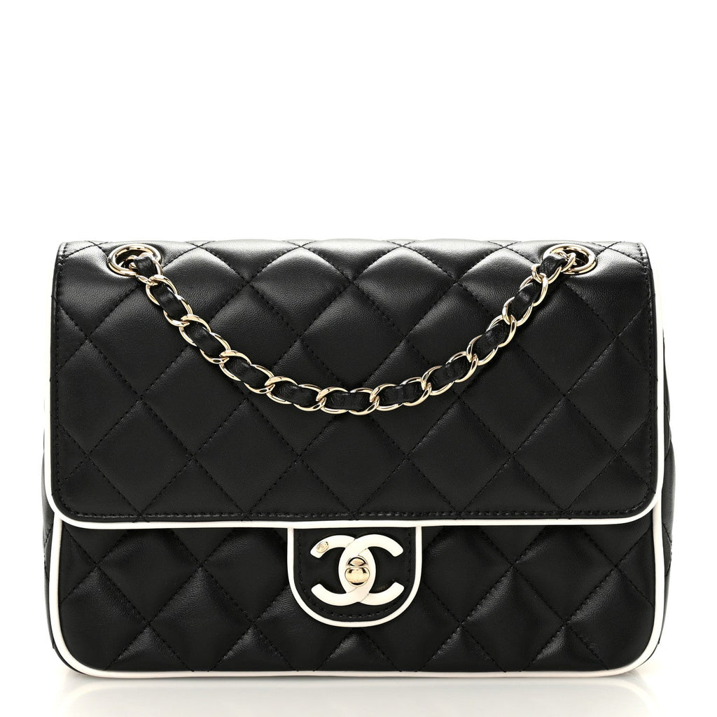 Lambskin Quilted Resin Graphic Frame Flap Bag Black White