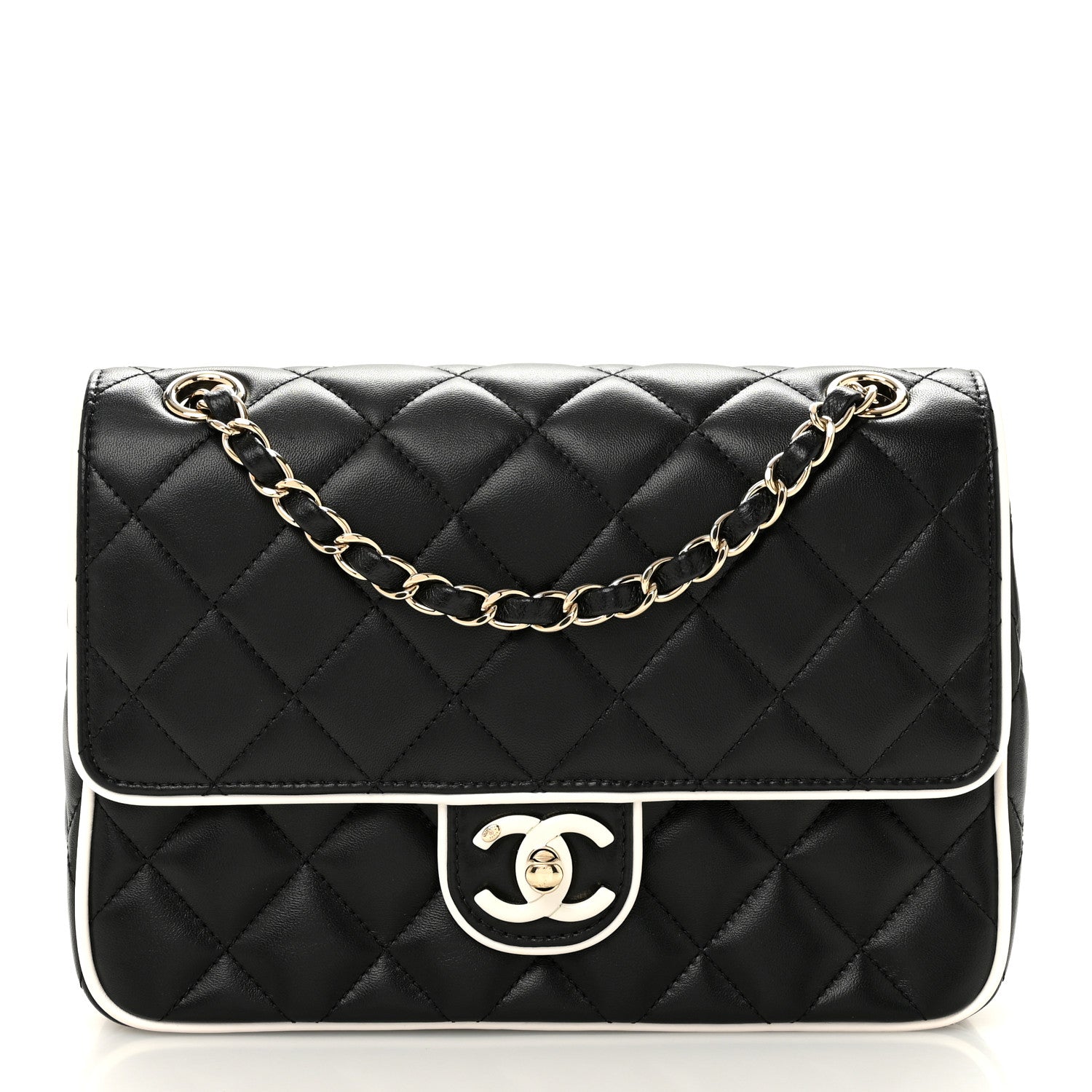 Lambskin Quilted Resin Graphic Frame Flap Bag Black White