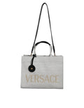 Versace White Top Handle Canvas Leather Logo Crossbody Tote Women's Bag