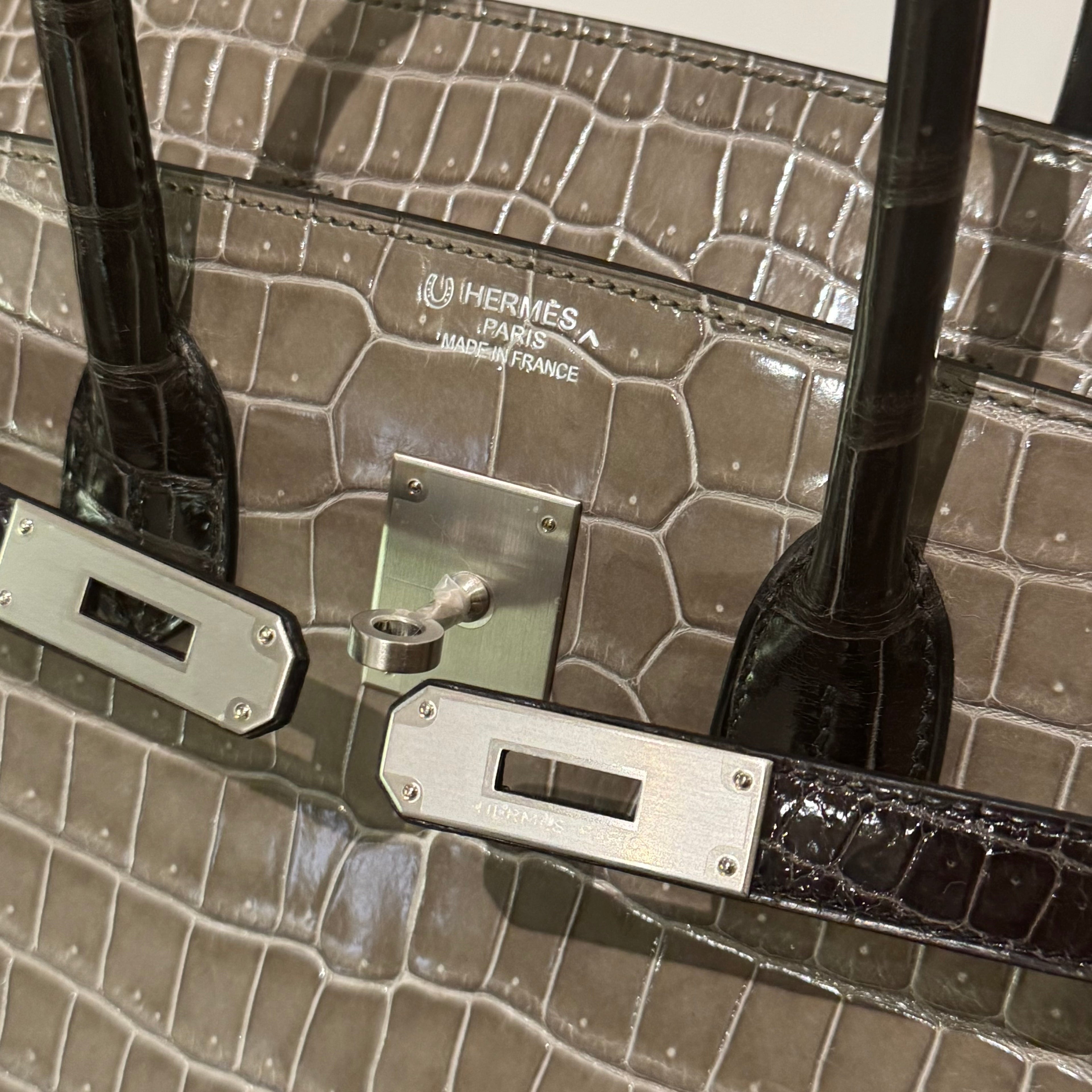 HERMÈS BIRKIN 35 GRIS TOURTERELLE CROCODILE POROSUS LISSE WITH BLACK HANDLE & PALLADIUM HARDWARE FULL STICKERS STAMP Y