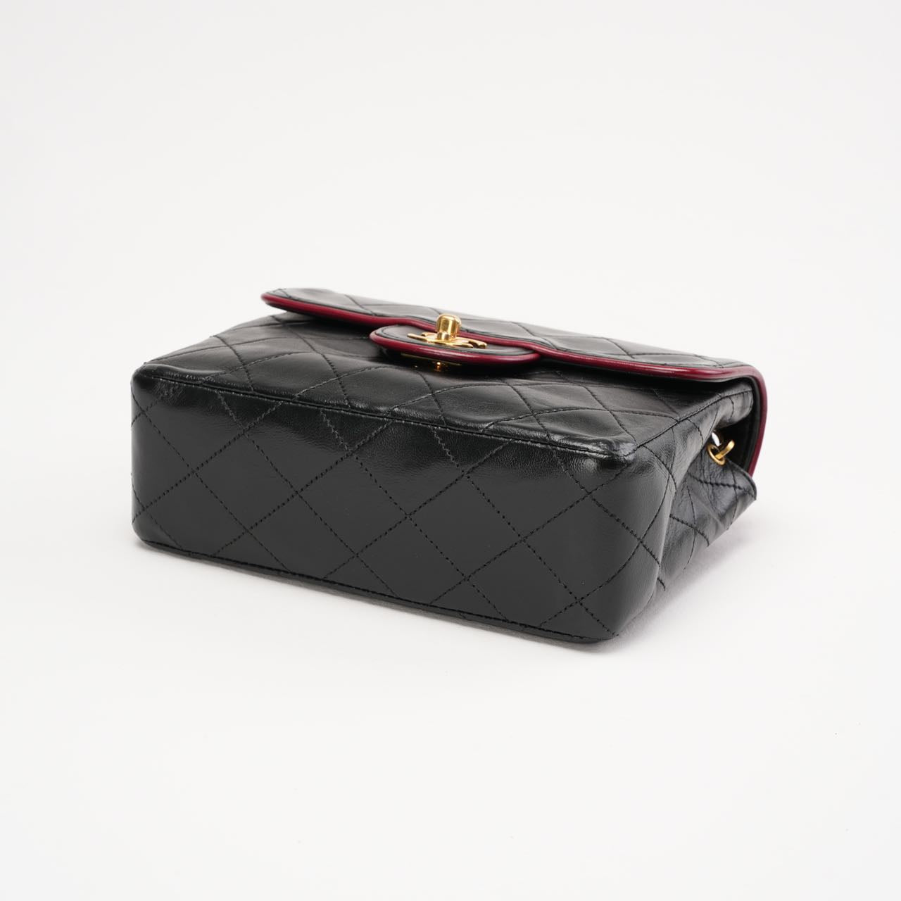 Chanel Vintage Mini Square Flap Bag Lamb Black Red 1991