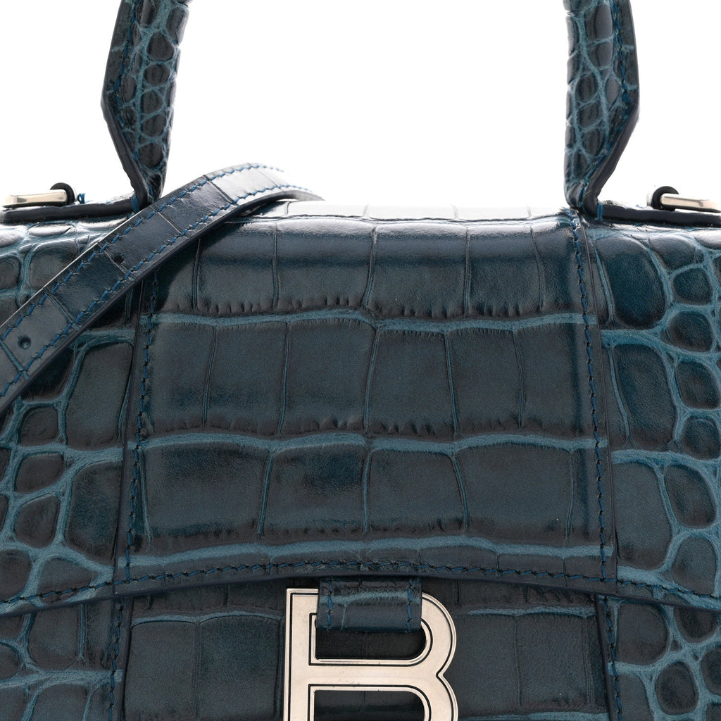 Shiny Calfskin Crocodile Embossed Hourglass Top Handle Bag XS Denim Blue