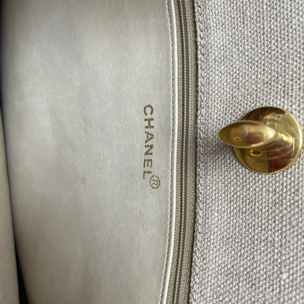 Chanel Vintage Linen Coco Mark Chain Shoulder Bag Beige 1996