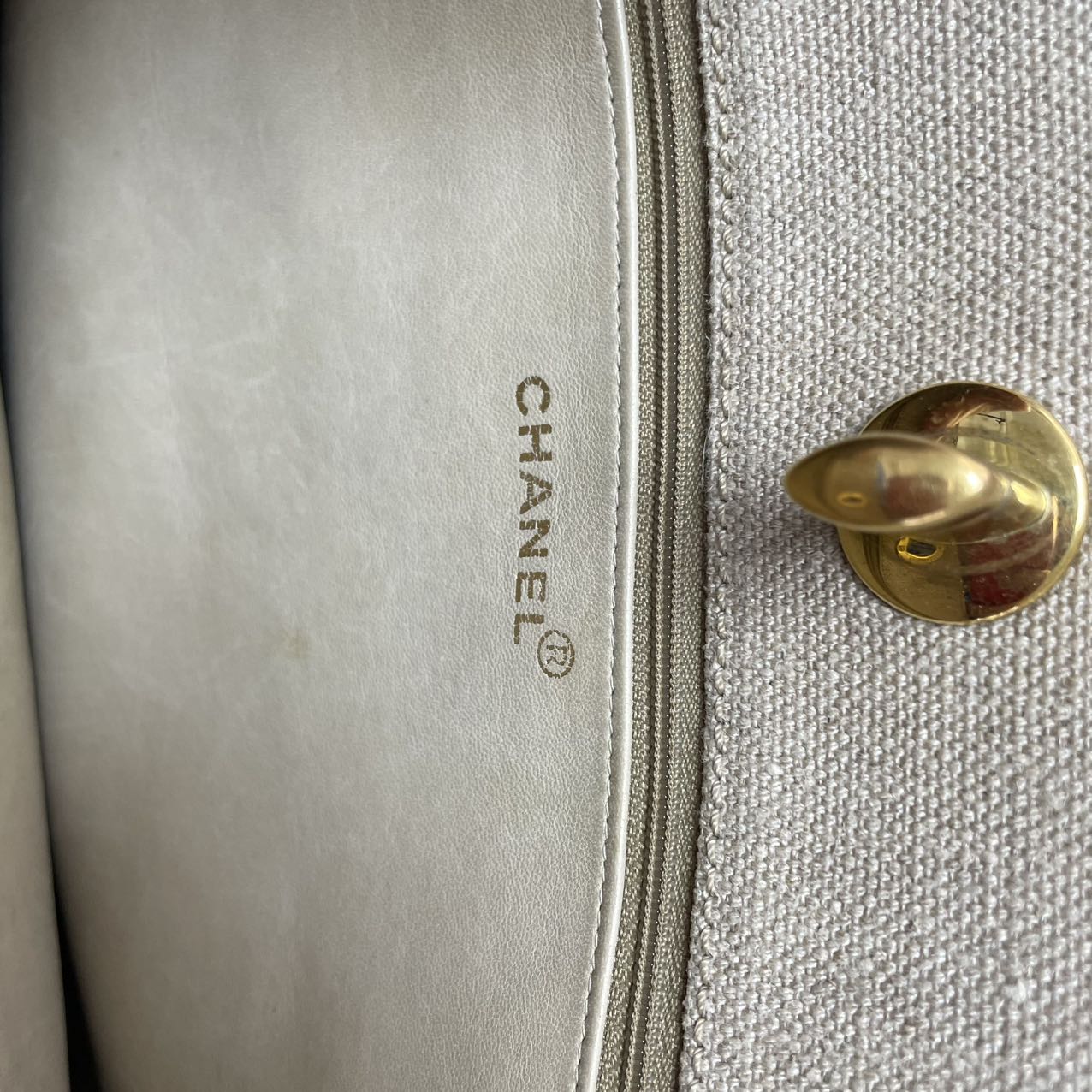 Chanel Vintage Linen Coco Mark Chain Shoulder Bag Beige 1996