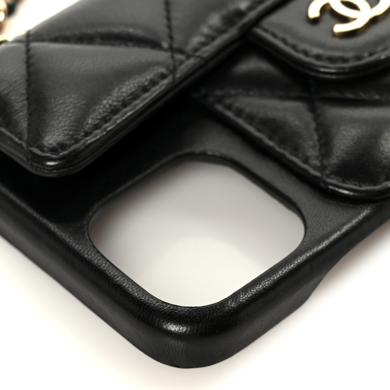 Lambskin Quilted Pearl Crush iPhone XII Pro Holder With Chain Black