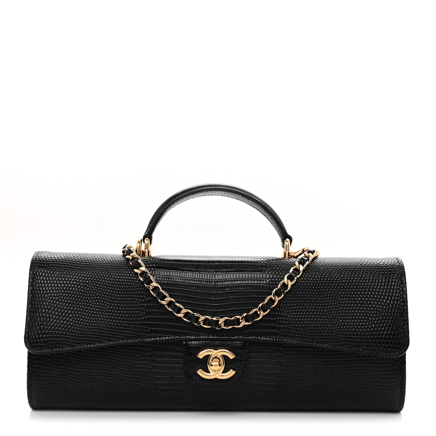 Lizard Calfskin Embossed Clutch With Chain Black