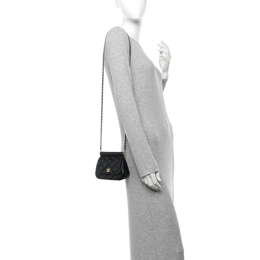 Patent Quilted Frame Clutch Flap With Chain Black