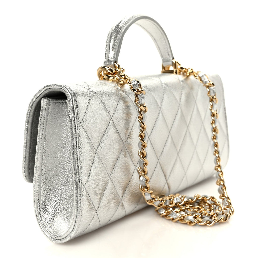 Metallic Caviar Quilted Top Handle Long Clutch With Chain Silver