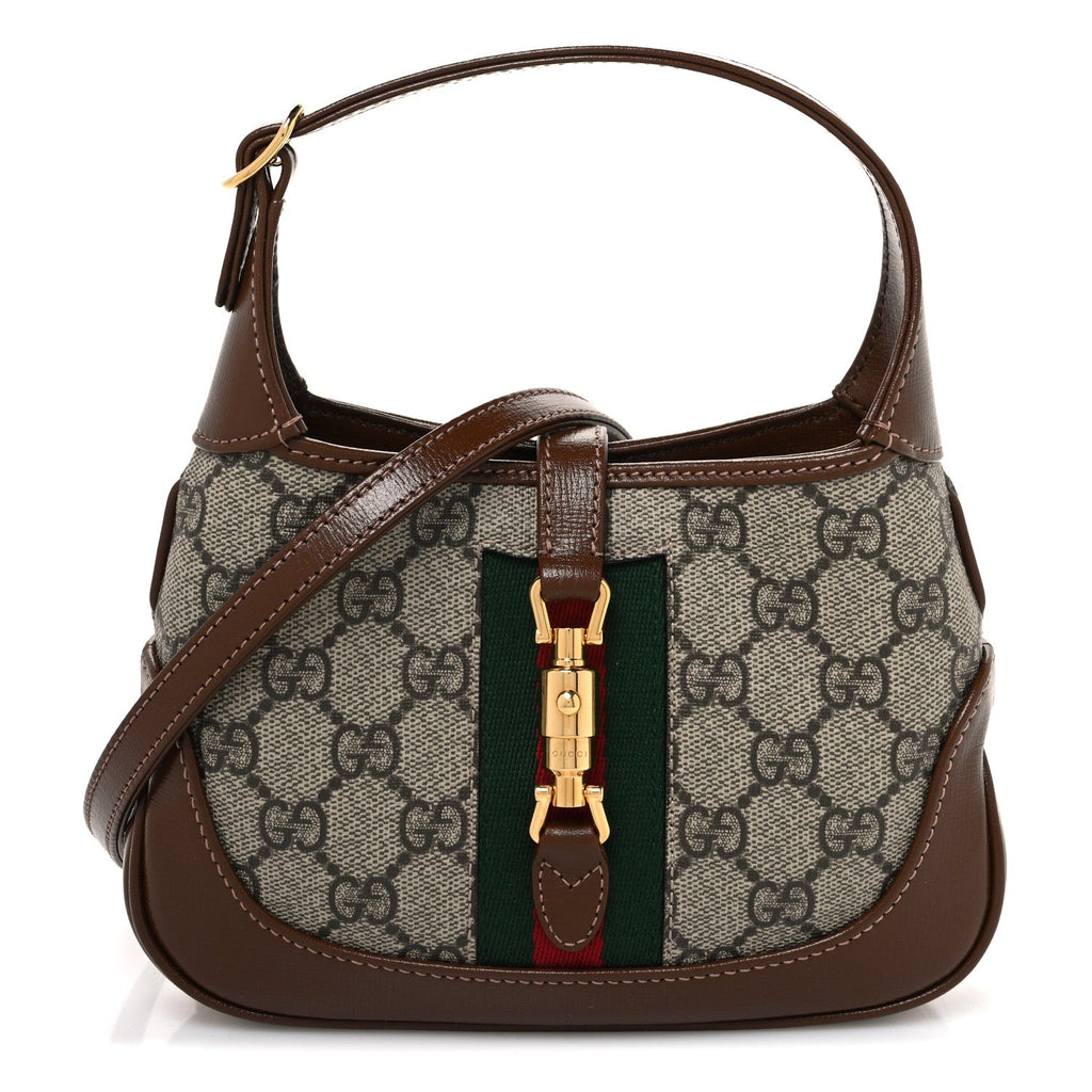 GG Supreme Monogram Azalea Calfskin Web Mini Jackie 1961 Hobo Beige Ebony Brown Sugar