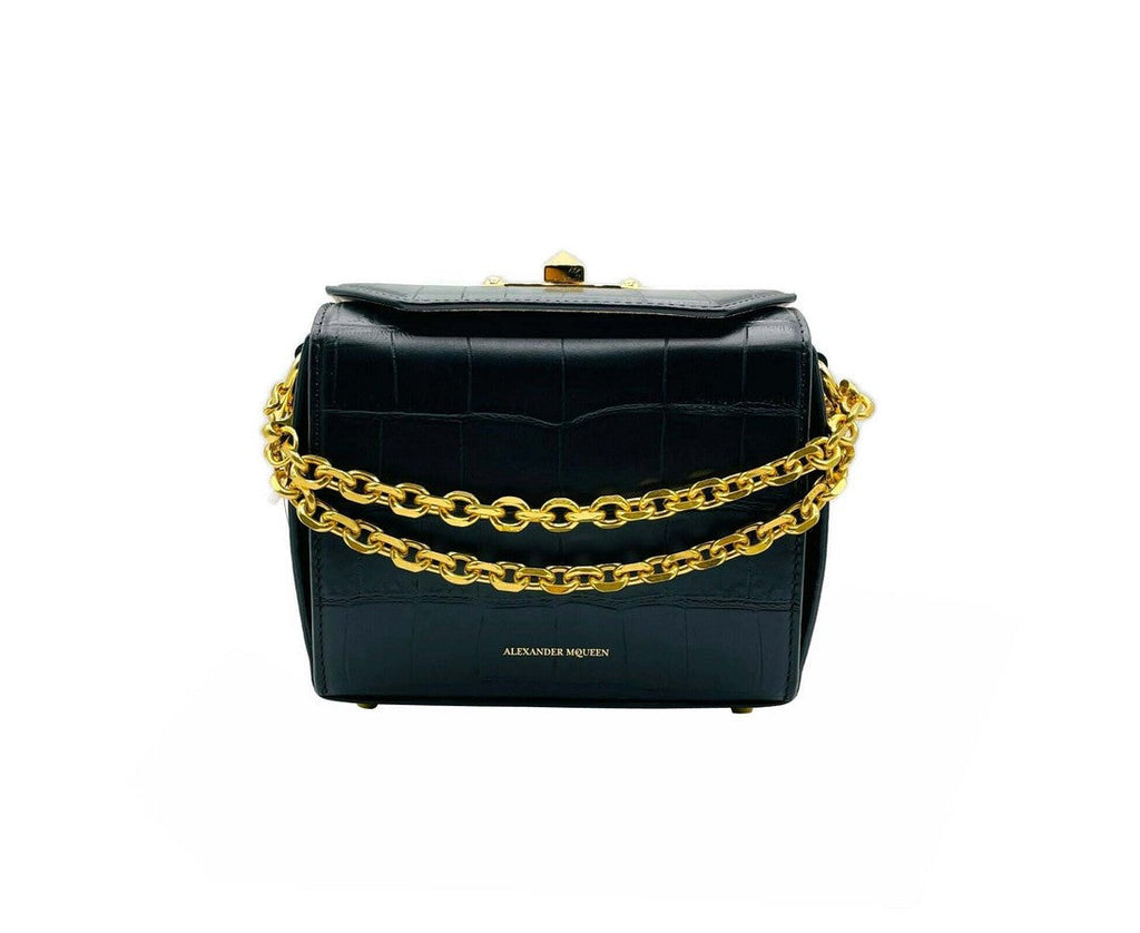 Alexander McQueen Black Crocodile Embossed Leather Box 16 Crossbody Bag