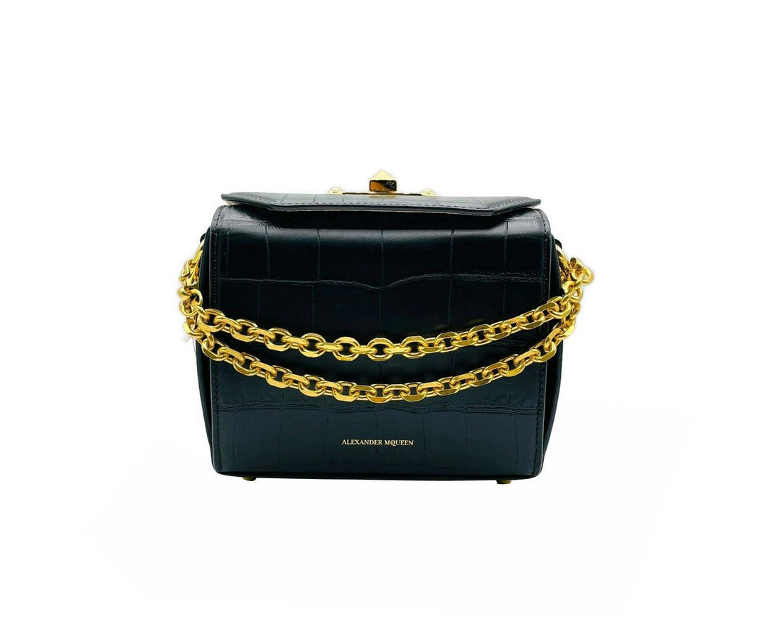 Alexander McQueen Black Crocodile Embossed Leather Box 16 Crossbody Bag