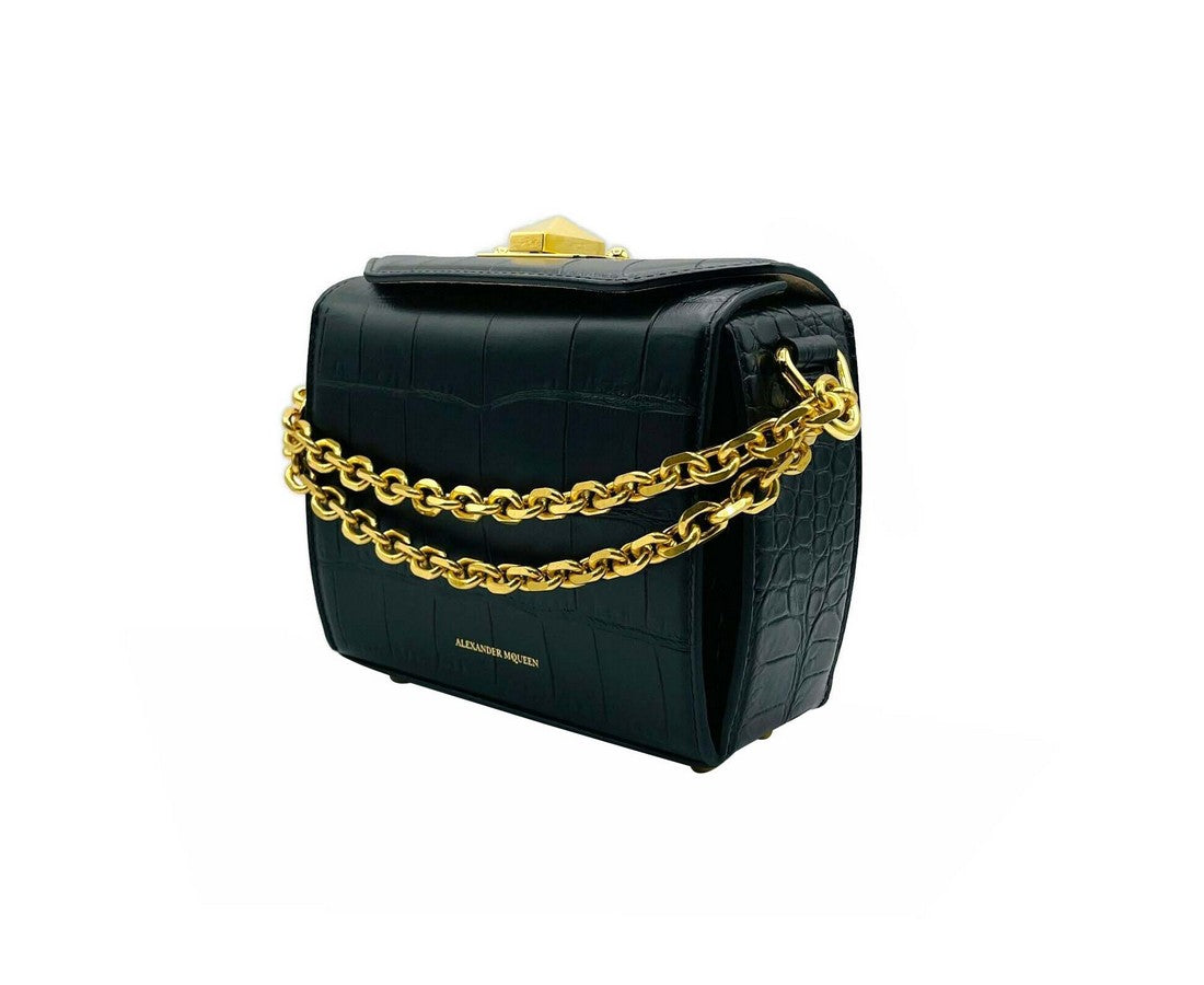 Alexander McQueen Black Crocodile Embossed Leather Box 16 Crossbody Bag