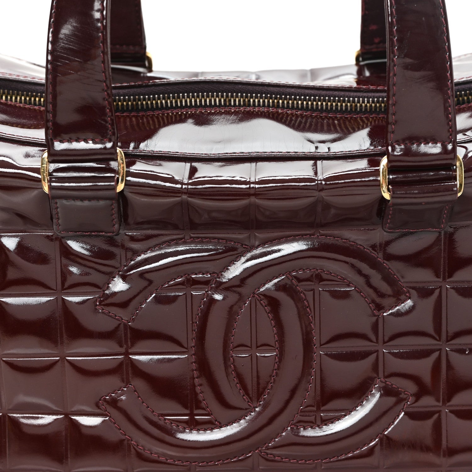 Patent Quilted Chocolate Bar Bowler Burgundy