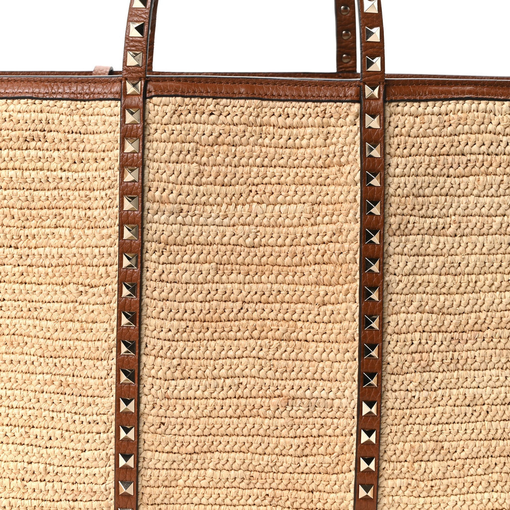 Raffia Calfskin Rockstud Shopping Tote Naturale Saddle Brown